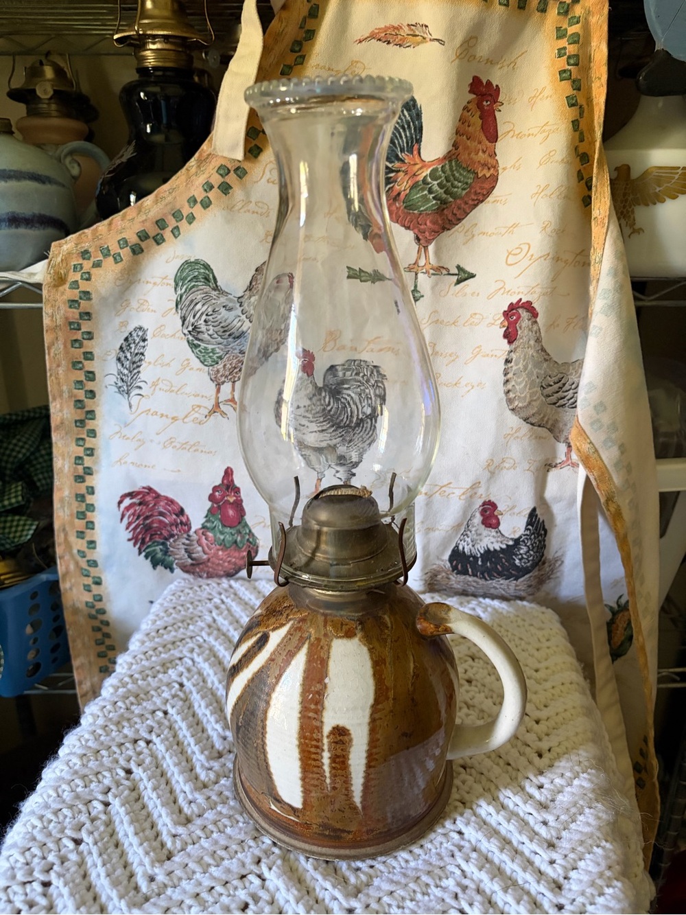 Rustic Brown & White Ceramic Oil Lamp with Glass Chimney